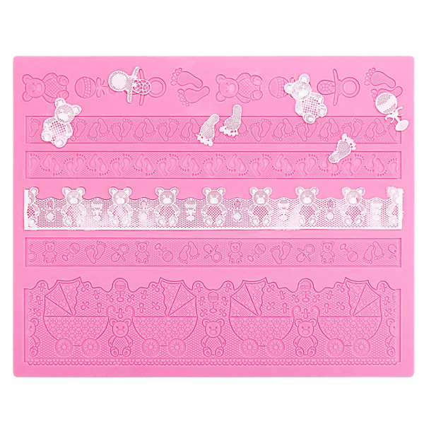 Silicone Lace Mats for Cakes, Beasea Lace Silicone Mold Adorable Fondant Cake Decorating Tools Lace Decoration Mat Bear & Foot Print Pattern Molds Sugar Craft Tools - Pink