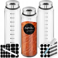 Beasea Spice Jar with Labels, 3 Pack 15oz Glass Kitchen Containers, Clear Large Spices Bottles for Herb Salt Pepper, Condiment Containers with 136 Labels, 1 Marker Pen and Brush